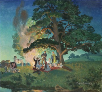 Artworks in 150 Subjects Painting - PICNIC Boris Mikhailovich Kustodiev woods trees landscape
